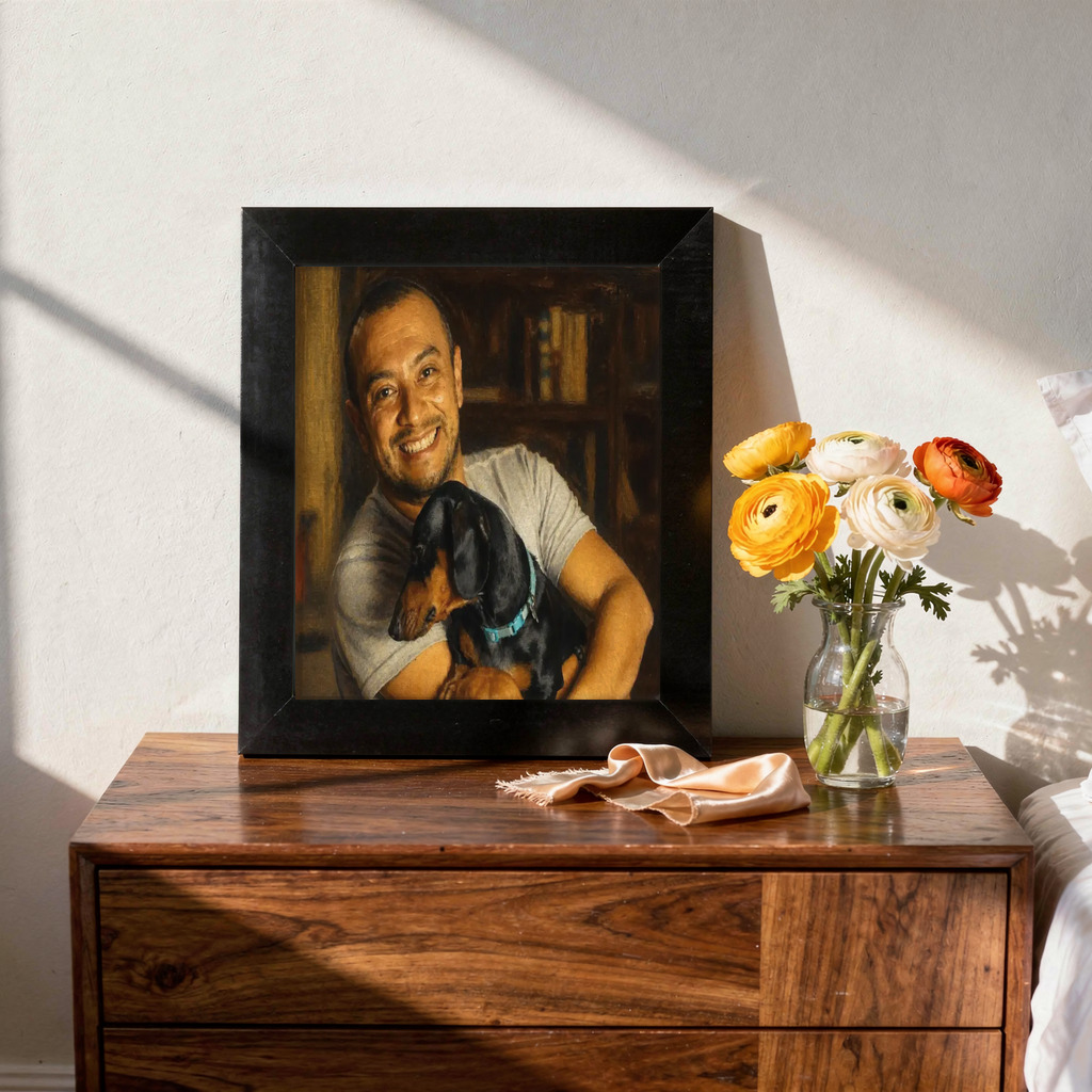 Museum Oil portrait made from man posing with two dachshunds