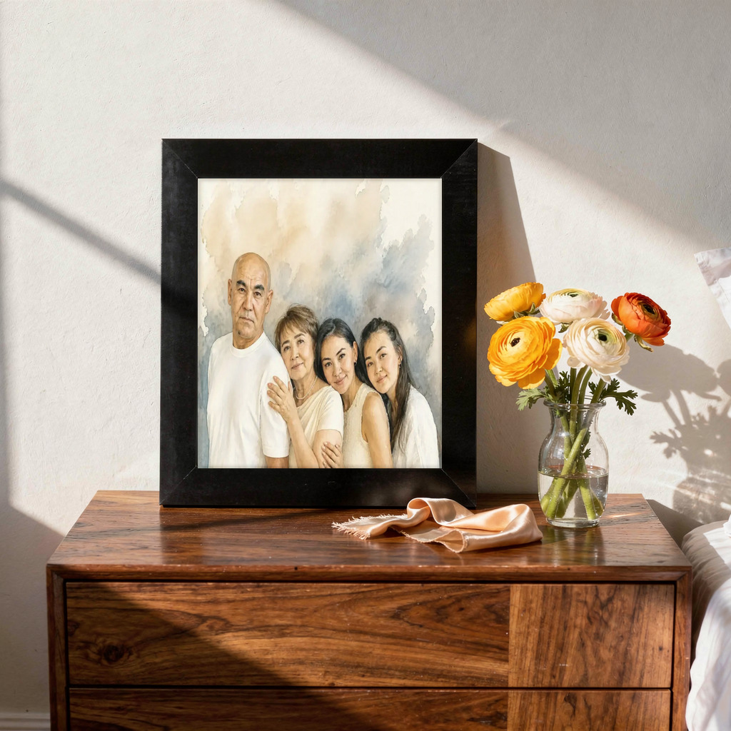 Signature Watercolor portrait made from multigenerational family portrait with four people