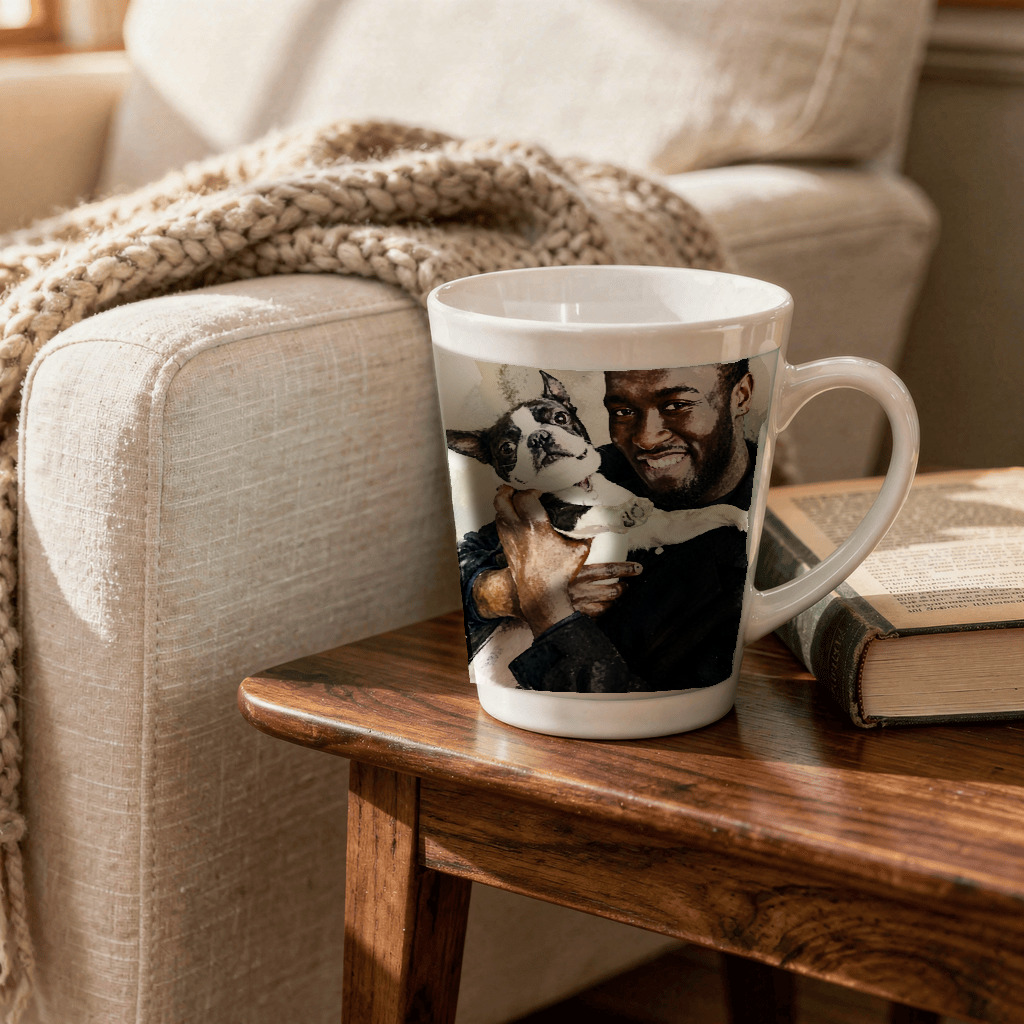 The approved Signature Watercolor owner-and-pet portrait shown on a custom ceramic latte mug