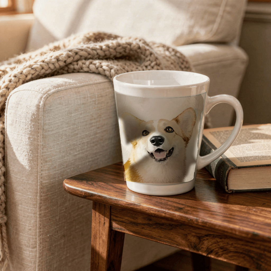 The exact Modern Editorial artwork shown on A studio-quality pet photo mug for the morning coffee.