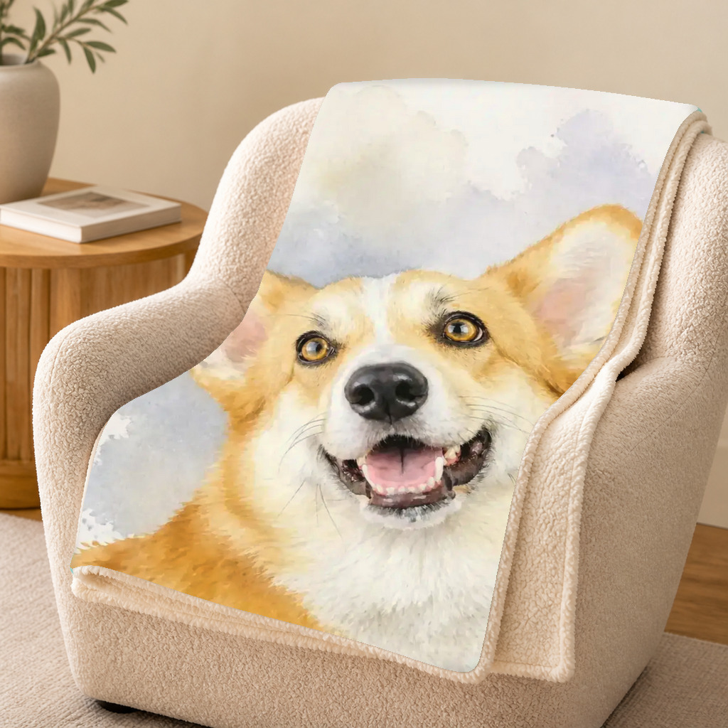 The exact Signature Watercolor artwork shown on Sherpa pet blanket — tactile, machine-washable, daily-use.