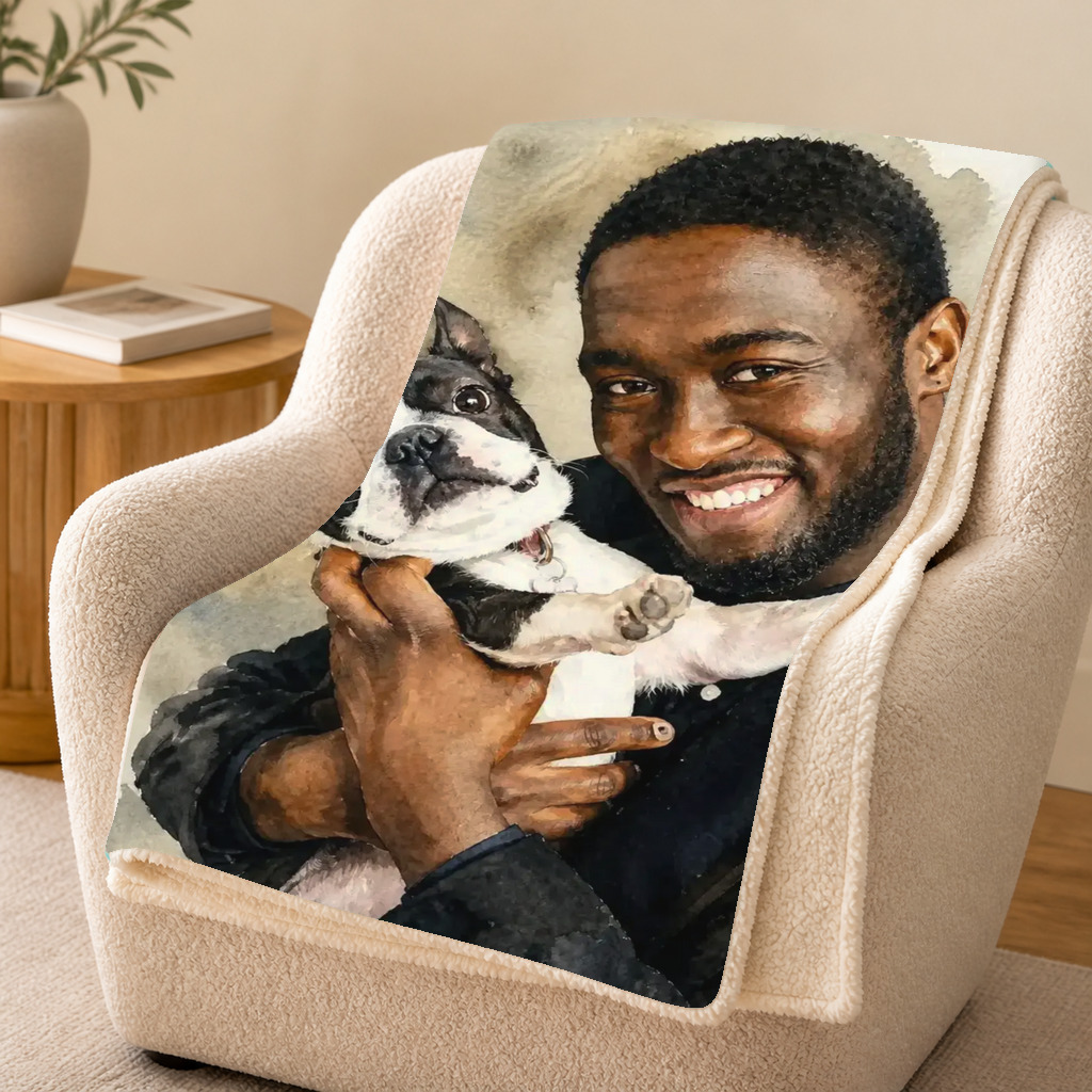 The exact Signature Watercolor artwork shown on A custom dog blanket — tactile, cozy, machine-washable.