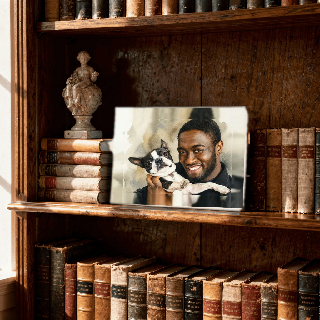 The approved Signature Watercolor owner-and-pet portrait shown on a custom tabletop canvas