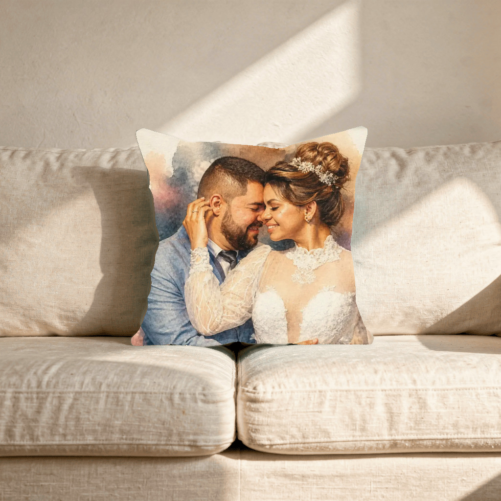 The exact Signature Watercolor artwork shown on A watercolor throw pillow for the reading nook.