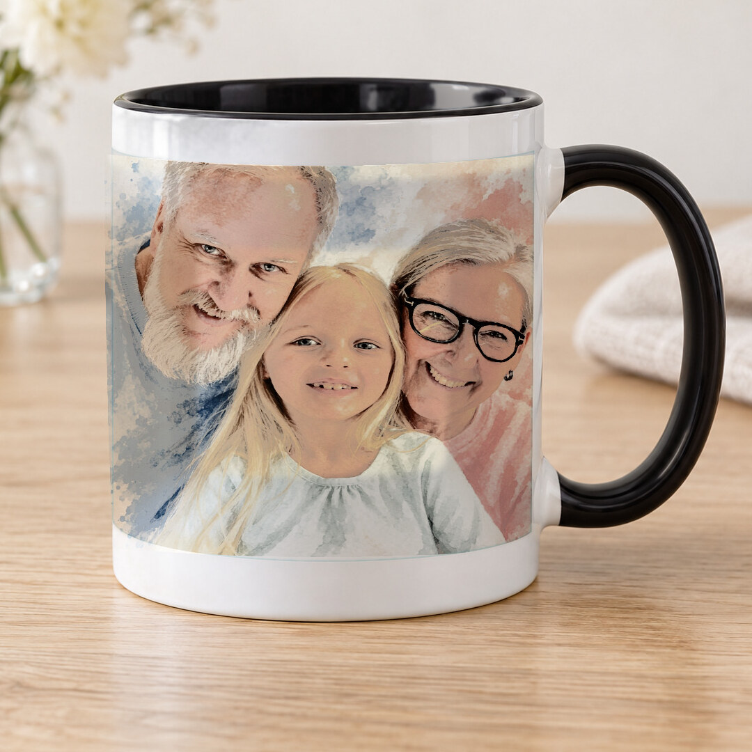 Signature Watercolor made from grandparents smiling with their granddaughter at home, shown as a accent mug