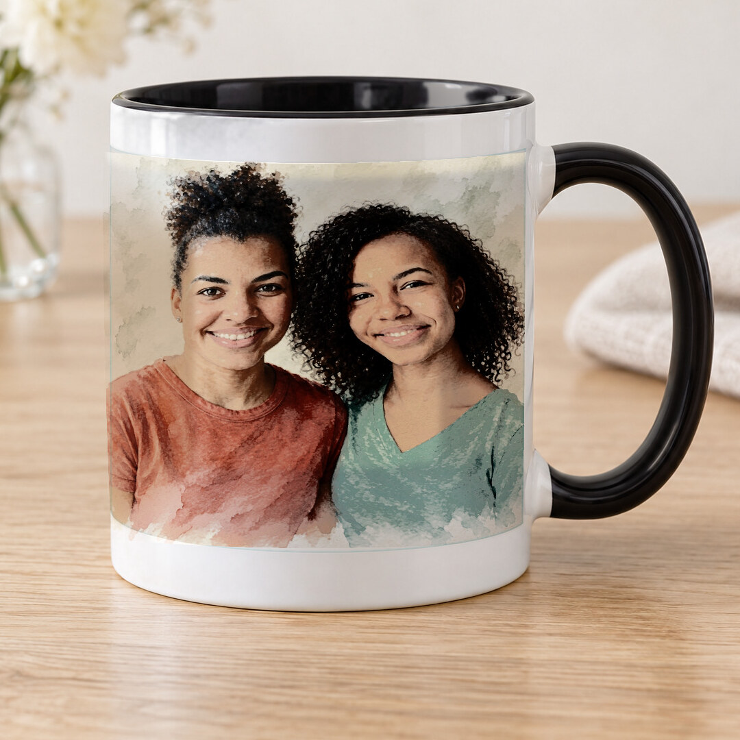 The same Signature Watercolor portrait shown on a portrait mug