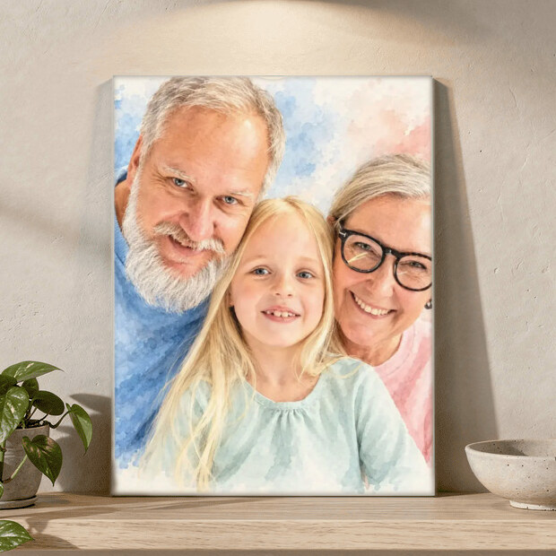 Signature Watercolor made from grandparents smiling with their granddaughter at home, shown as a acrylic print