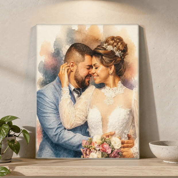 Signature Watercolor made from newlywed couple sharing an intimate moment, shown as a acrylic print