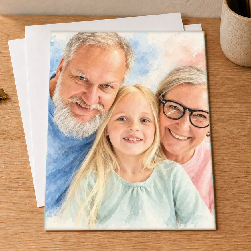 Signature Watercolor made from grandparents smiling with their granddaughter at home, shown as a art print