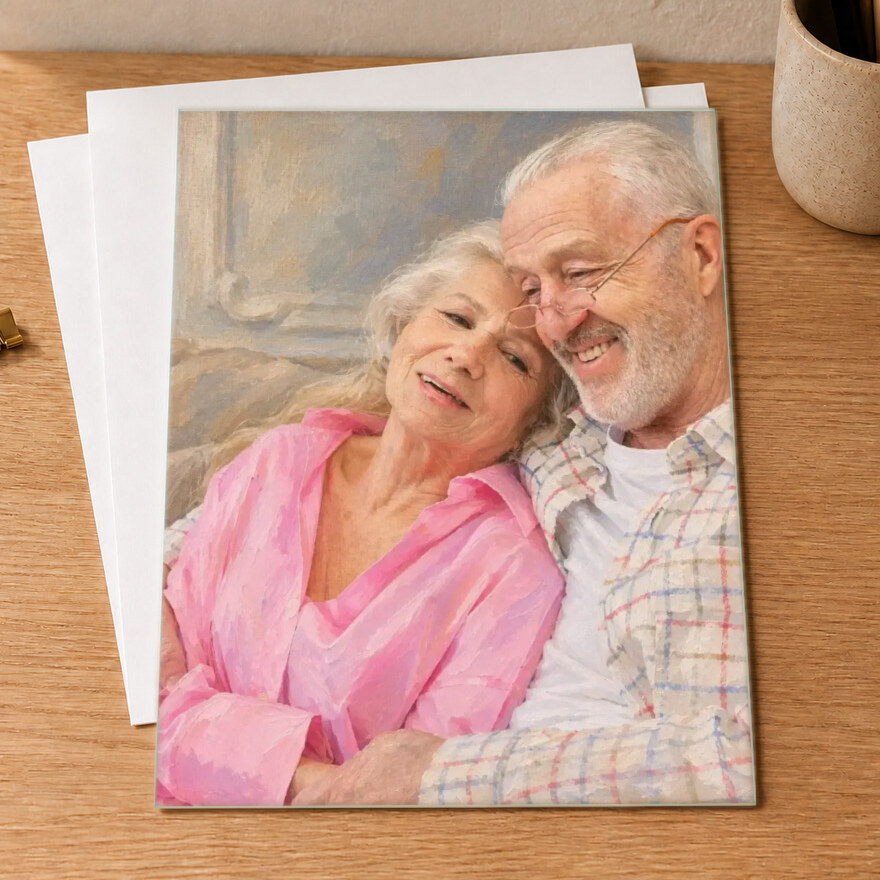Museum Oil made from older couple relaxing together at home, shown as a art print