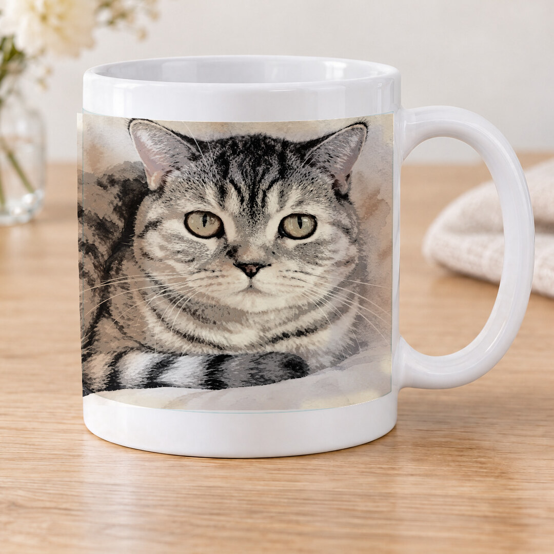 Signature Watercolor made from tabby cat resting on a sofa at home, shown as a classic white mug