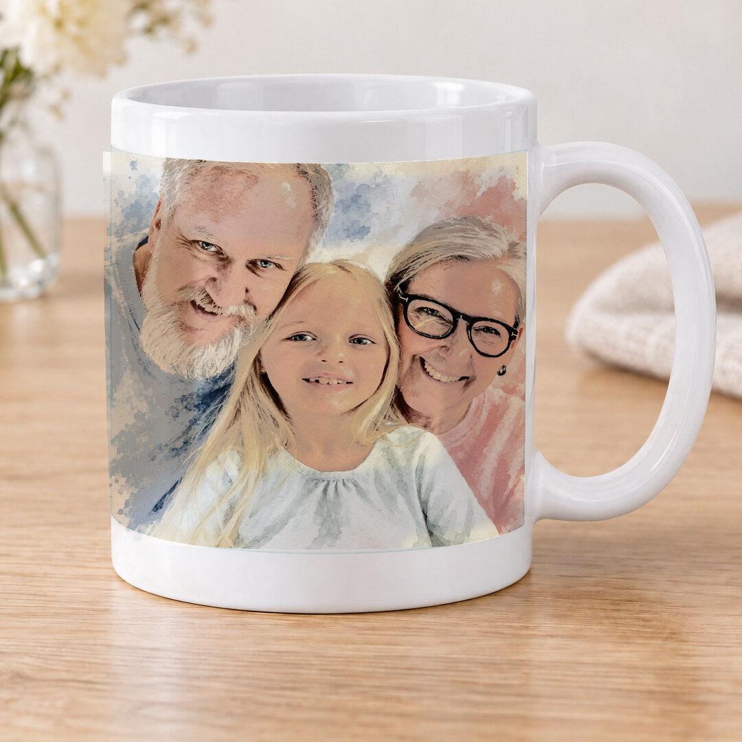 Signature Watercolor made from grandparents smiling with their granddaughter at home, shown as a classic white mug