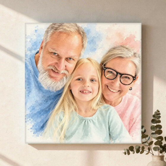 Signature Watercolor made from grandparents smiling with their granddaughter at home, shown as a canvas wall art