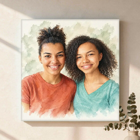 The same Signature Watercolor portrait shown on a canvas