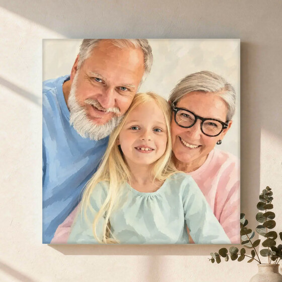 Modern Editorial made from grandparents smiling with their granddaughter at home, shown as a canvas wall art