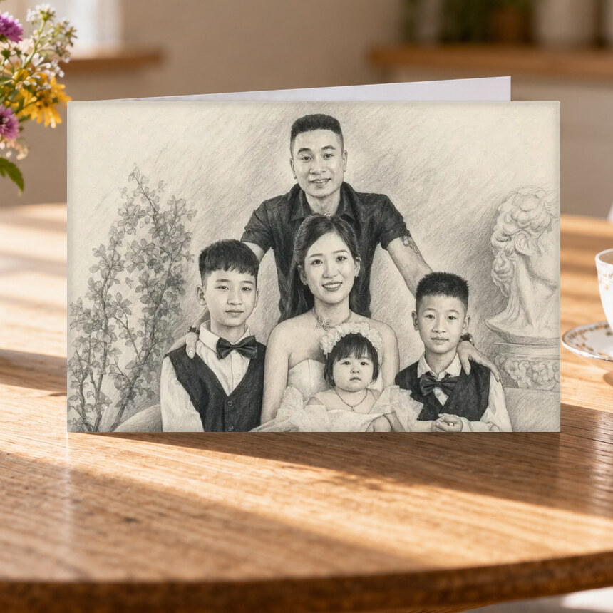 Illustrative Pencil Keepsake portrait on Greeting Card