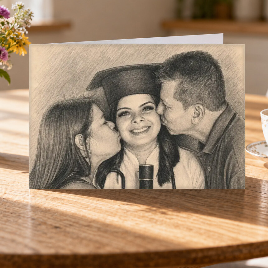 Pencil Keepsake made from doctor graduate being kissed by proud parents, shown as a greeting card