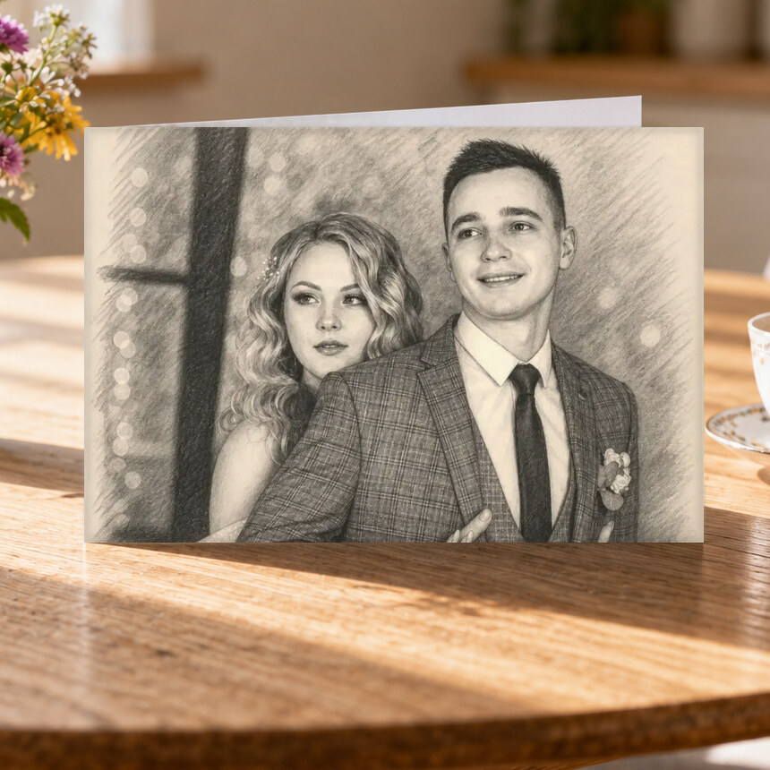 Illustrative Pencil Keepsake portrait on Greeting Card
