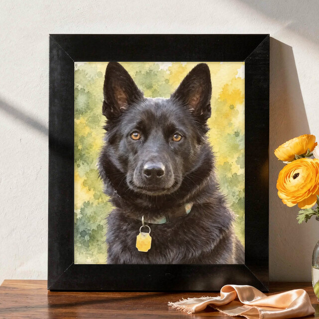 Signature Watercolor made from black dog sitting in a sunlit garden, shown as a framed print