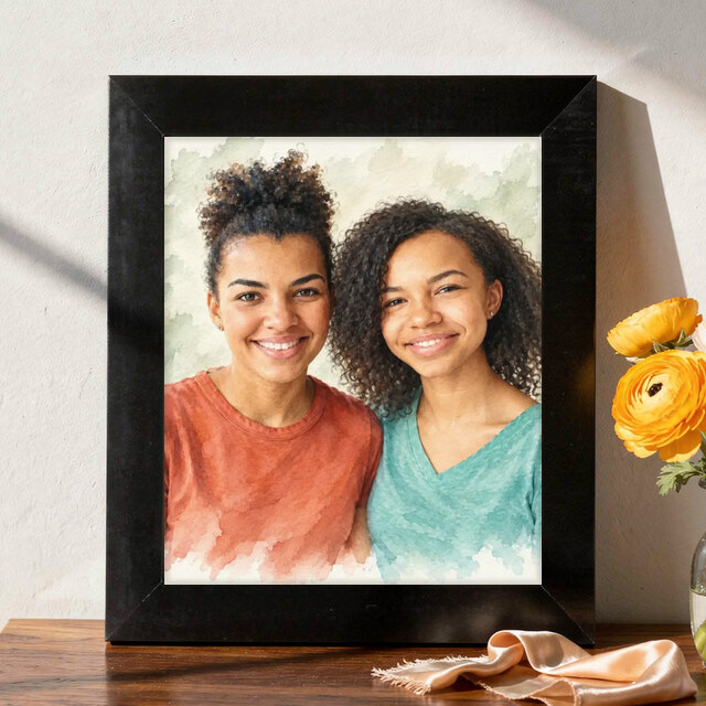 Signature Watercolor made from mother and daughter smiling together at home, shown as a framed print