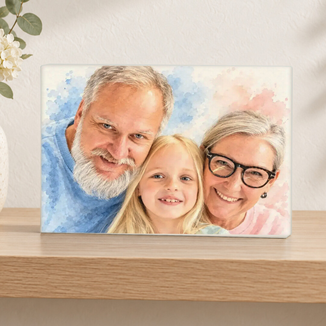 Signature Watercolor made from grandparents smiling with their granddaughter at home, shown as a tabletop canvas