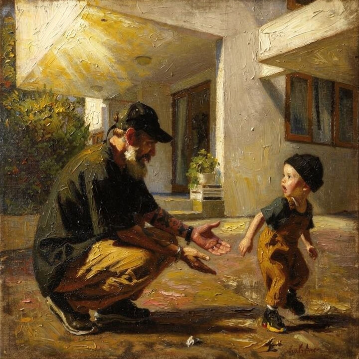 Oil painting portrait of Dad with his kids