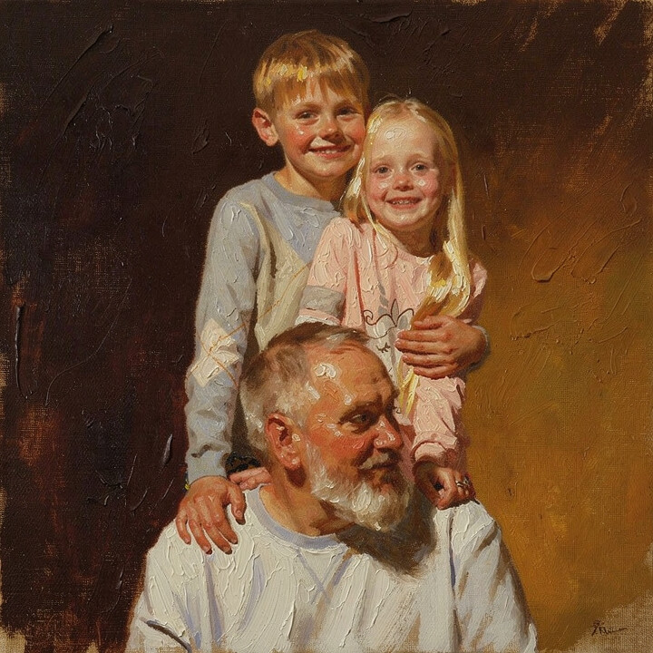 Oil painting portrait of Dad with his kids