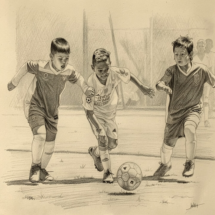 Pencil Sketch portrait made from kids playing sports