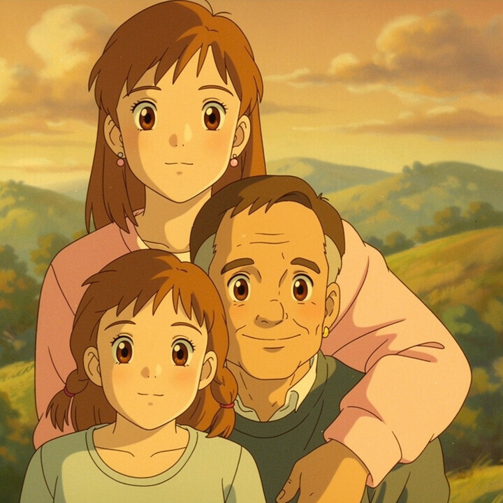 Studio Ghibli portrait made from dad, son, and grandpa