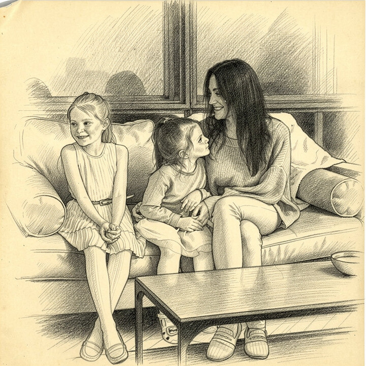 Pencil Sketch portrait made from mom with kids on the couch