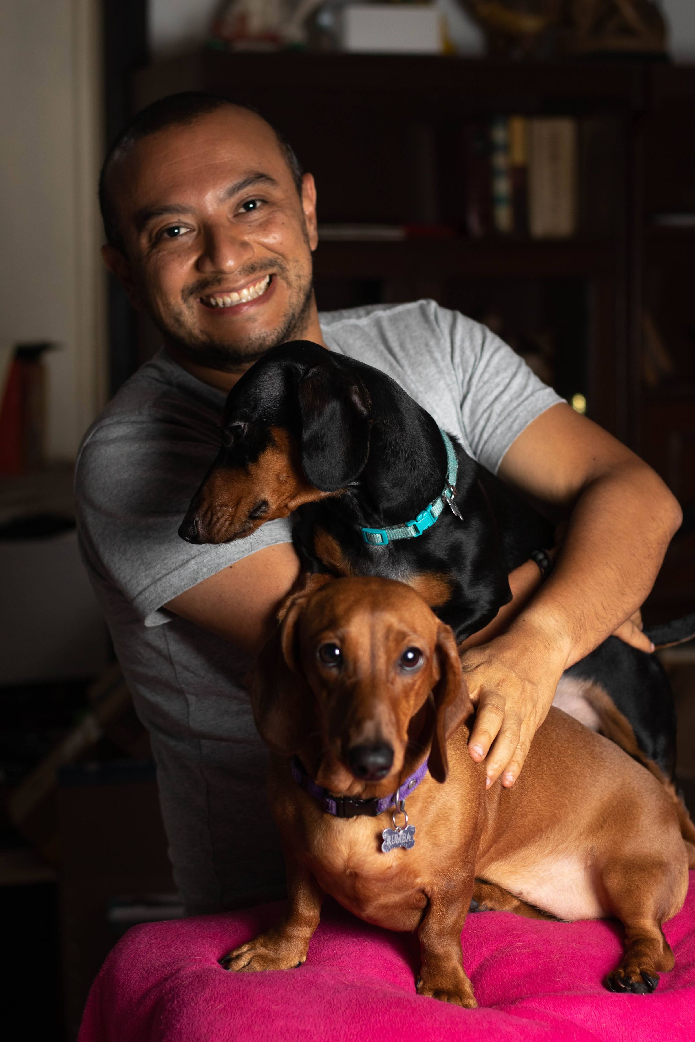 Man posing with two dachshunds