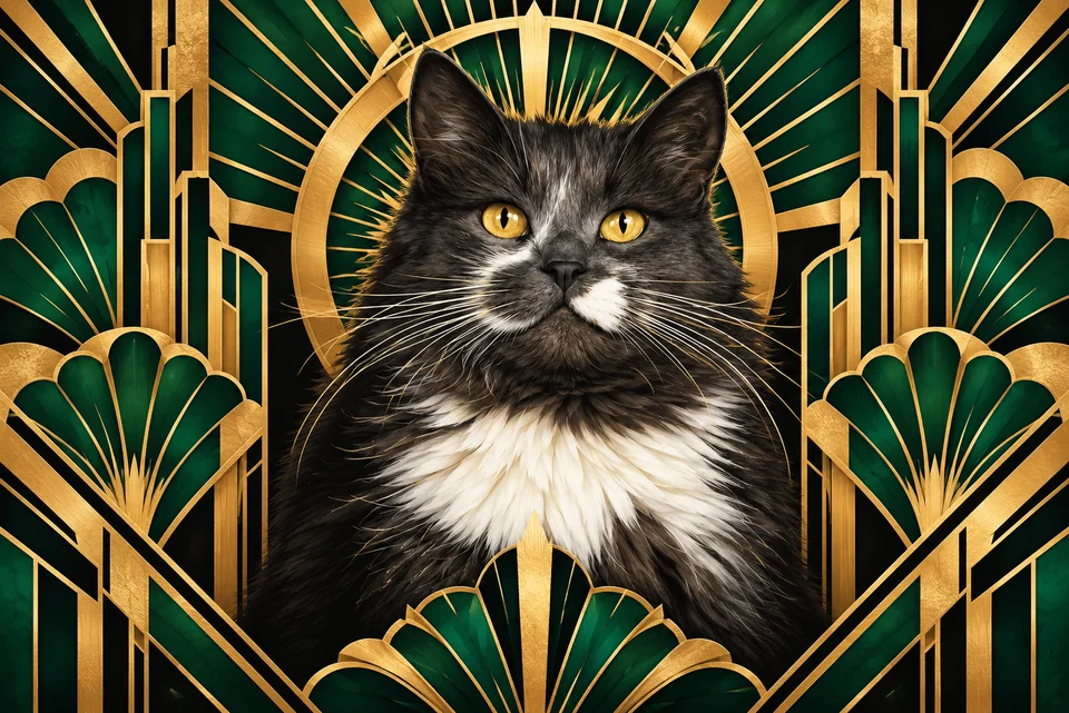 Art Deco portrait made from black-and-white cat on a dark studio background