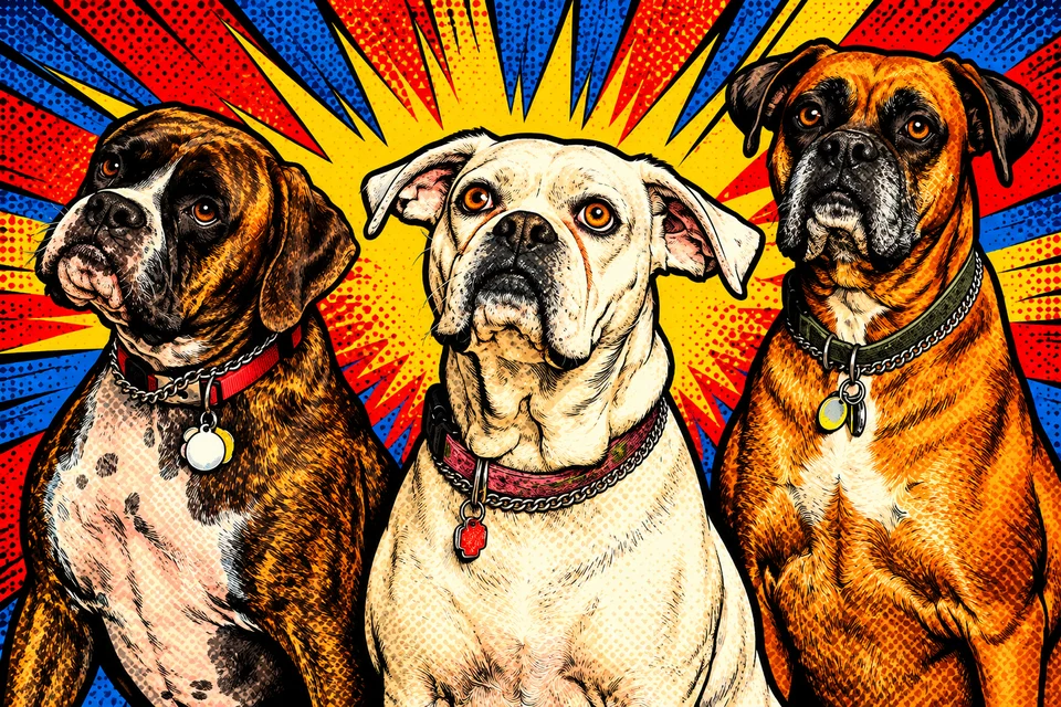 Comic Book Pet portrait made from three boxer dogs posed together