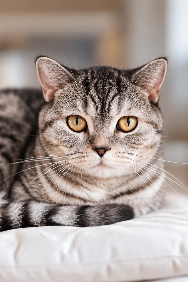 Photorealistic portrait made from tabby cat resting on a sofa at home