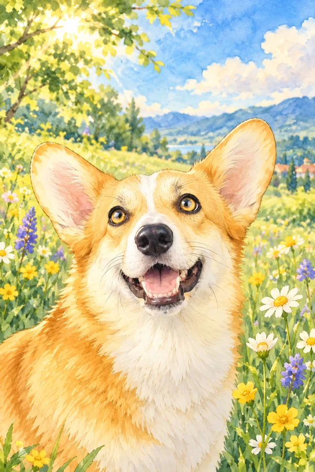 Studio Ghibli portrait made from bright studio portrait of a smiling corgi