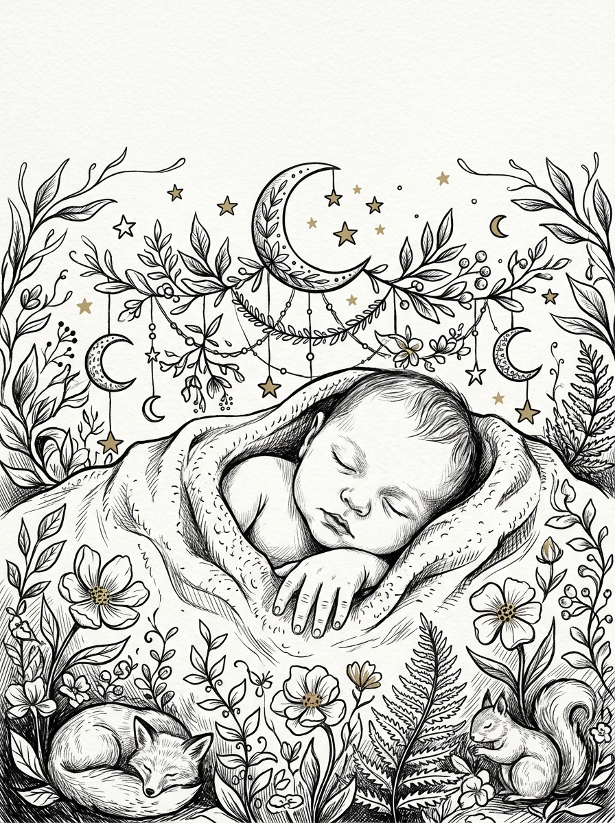 New Baby Arrival Ink Illustration