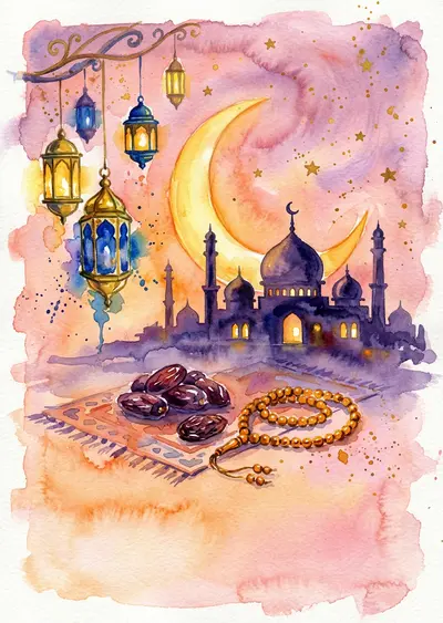 Ramadan Holy Month Watercolor Sunset preview