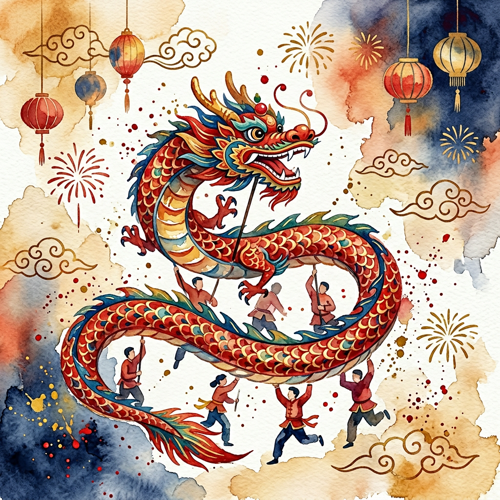 Watercolor Dragon Dance Art preview